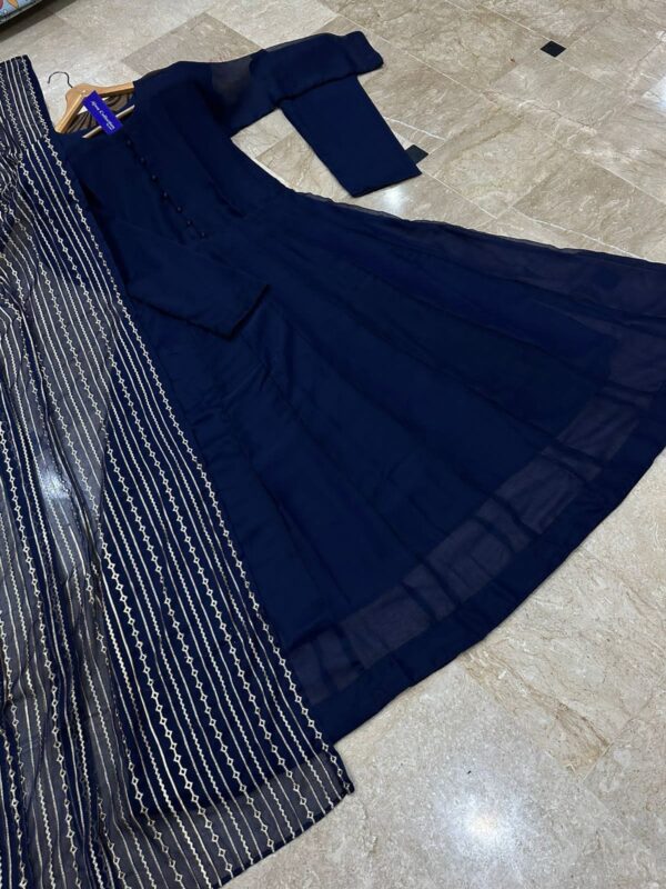 Allover Fully Embroidered Dupatta, With Handmade Button Kalli Work Long Flare Maxi 3Pcs - Image 2