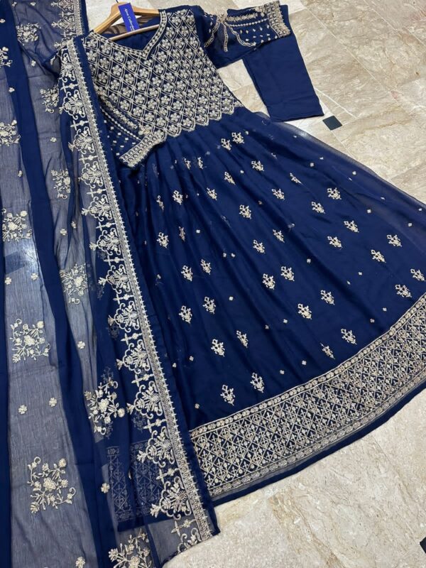 Front Crystal HandWork On Chest,Border With Heavy Embroidered Maxi,Dupatta And Trouser 3Pcs - Image 5