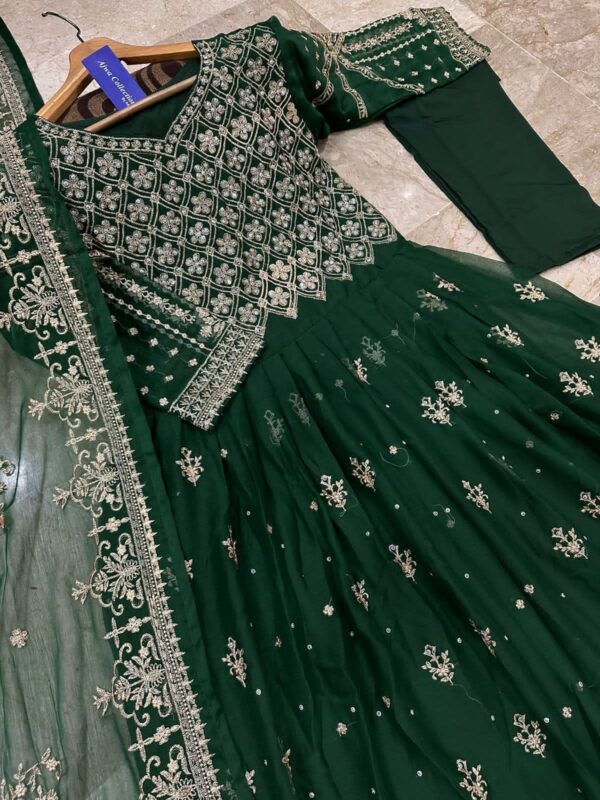 Front Crystal HandWork On Chest,Border With Heavy Embroidered Maxi,Dupatta And Trouser 3Pcs - Image 7