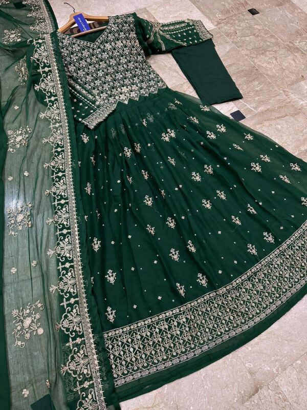 Front Crystal HandWork On Chest,Border With Heavy Embroidered Maxi,Dupatta And Trouser 3Pcs - Image 8