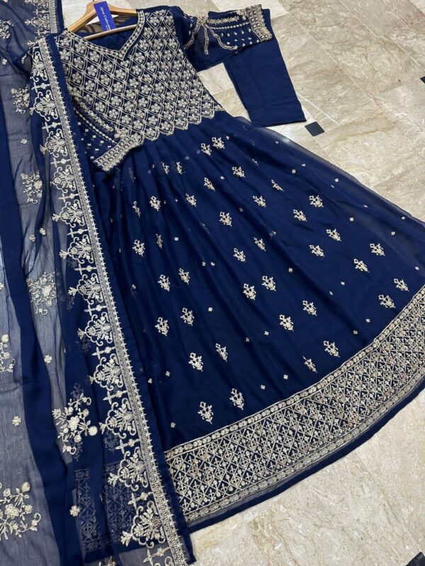 Front Crystal HandWork On Chest,Border With Heavy Embroidered Maxi,Dupatta And Trouser 3Pcs - Image 9