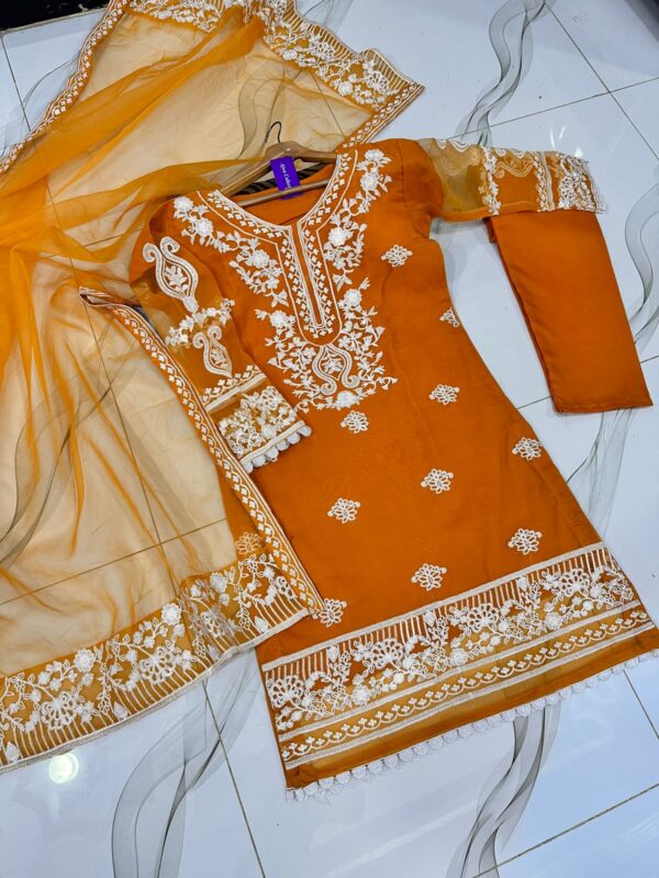 Lace Work On Long Shirt With Heavy Two Borders Embroidery Work On Dupatta - Image 5