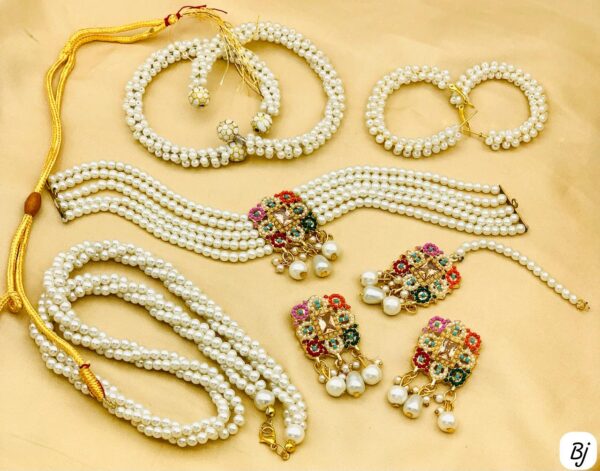 Fancy Beautiful Nauratan Choker Set With Pearls Mala, Bangles And Earings - Image 2