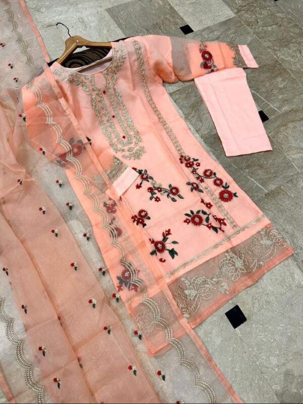 Neck, Sleeves And Daman Flower Embroidery With Pearls Attached On Shirt And Embroidered work Dupatta 3PCs