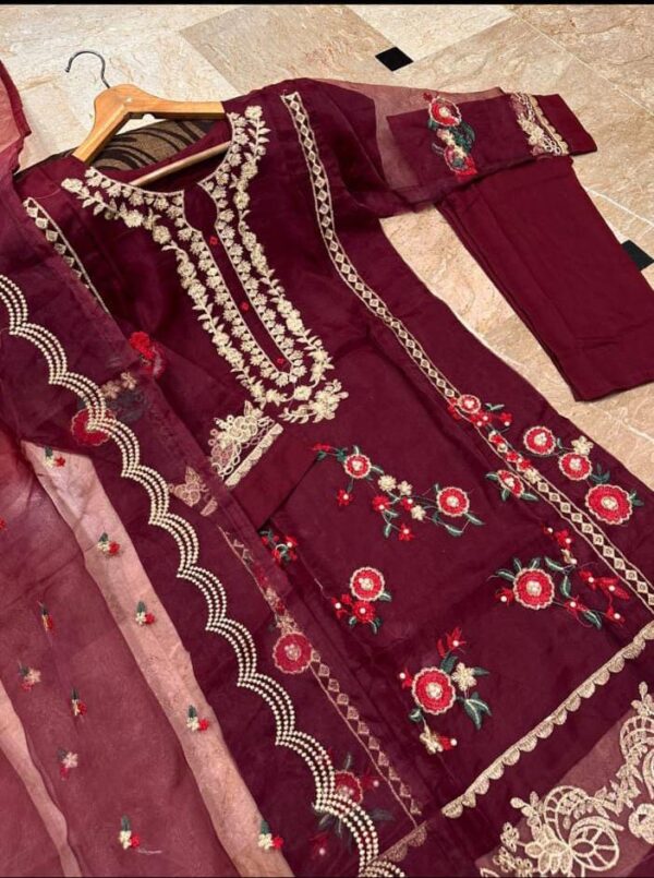 Neck, Sleeves And Daman Flower Embroidery With Pearls Attached On Shirt And Embroidered work Dupatta 3PCs - Image 4