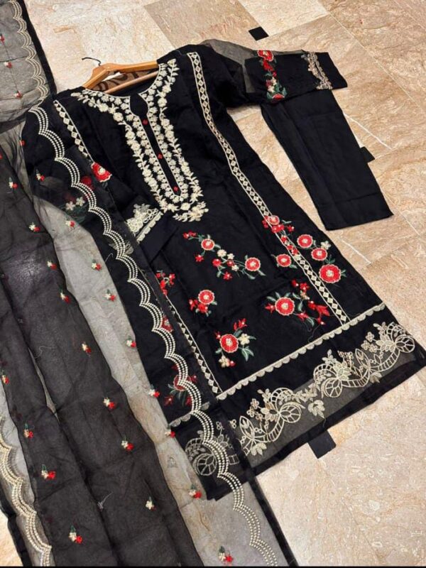 Neck, Sleeves And Daman Flower Embroidery With Pearls Attached On Shirt And Embroidered work Dupatta 3PCs - Image 3