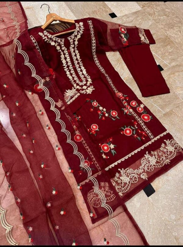 Neck, Sleeves And Daman Flower Embroidery With Pearls Attached On Shirt And Embroidered work Dupatta 3PCs - Image 2