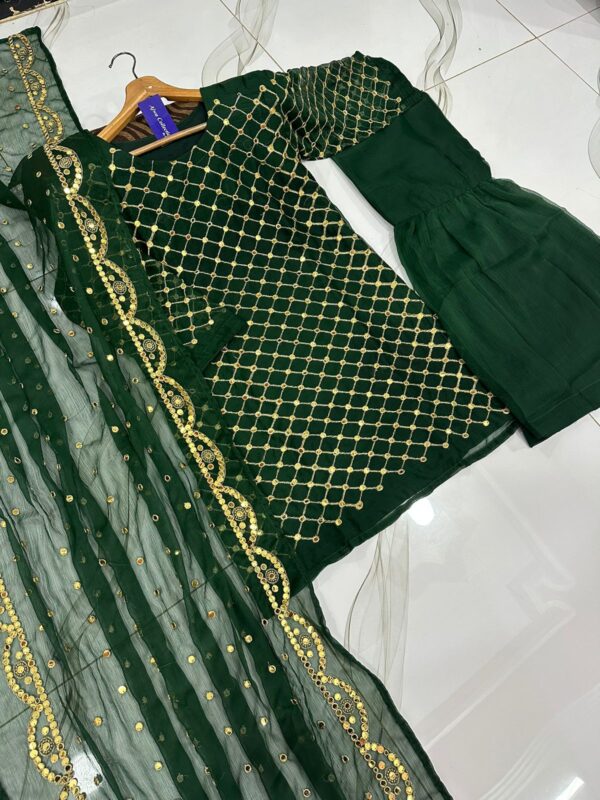 Front and Sleeves 9MM Sequence Embroidered Shirt, And Cut Work 9MM Dupatta with Garara 3Piece - Image 2