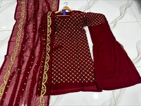 Front and Sleeves 9MM Sequence Embroidered Shirt, And Cut Work 9MM Dupatta with Garara 3Piece - Image 4